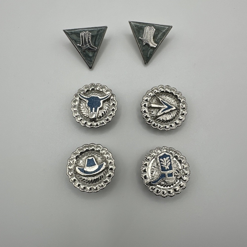 Vintage Silver Tone and Turquoise Cowboy Western Lapel Pin Button Collar Covers